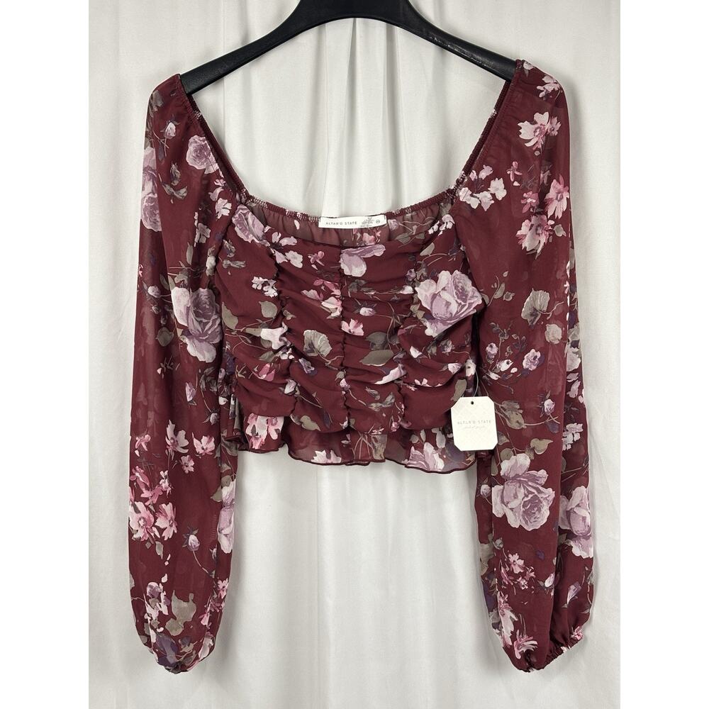 NWT Altar'd State XS Burgundy Floral Long Sleeve Crop Top Milk Maid Cottagecore